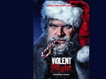 Kinoplakat für den Film Violent Night mit gruseligem Weihnachtsmann