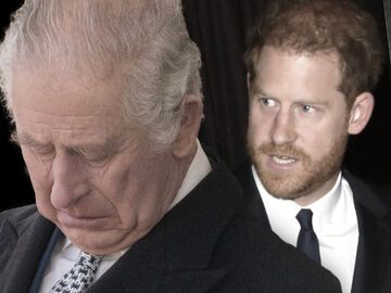 König Charles III. guckt traurig nach unten, Prinz Harry guckt sauer zur Seite