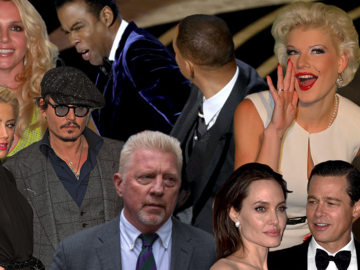Collage von Britney Spears, Will Smiths Ohrfeige, Melanie Müller, Amber Heard und Johnny Depp, Boris Becker, Angelina Jolie und Brad Pitt