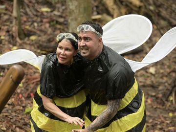 Cosimo Citiolo und Djamila Rowe bei der Schatzsuche im Bienenkostüm im Dschungelcamp.