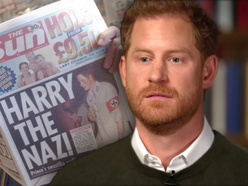 Prinz Harry ernst im CBS-Interview "60 Minutes" - im Hintergrund "The Sun" mit Nazi-Uniform