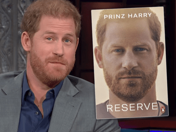 Prinz Harry in US-Talkshow 2023 und Buchcover "Reserve"