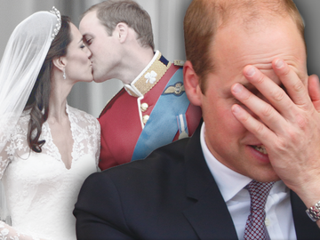 Prinz William hält sich beschämt die Hand vors Gesicht - im Hintergrund Hochzeitskuss mit Kate