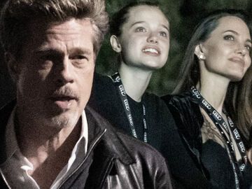 Brad Pitt guckt geschockt, Shiloh Jolie-Pitt und Angelina Jolie lächeln
