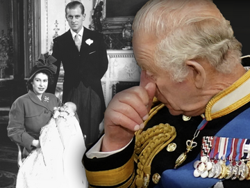 Montage: König Charles III. weint - im Hintergrund als Baby mit Queen Elizabeth II. und Prinz Philip
