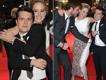 Jennifer Lawrence, Josh Hutcherson und Liam Hemsworth albern auf dem Red Carpet herum