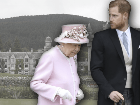 Queen Elizabeth und Prinz Harry blicken ernst und traurig - im Hintergrund Schloss Balmoral 