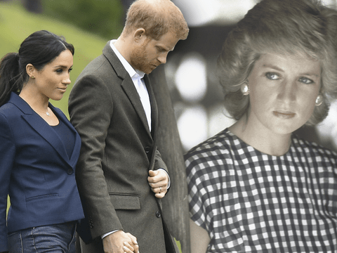 Harry und Meghan ernst, im Hintergrund Lady Diana traurig