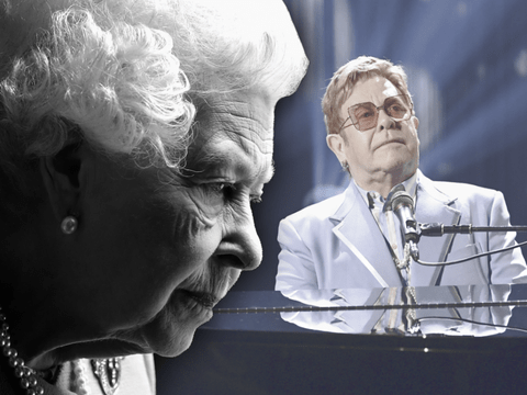 Queen Elizabeth schwarzweiß - im Hintergrund Elton John am Klavier
