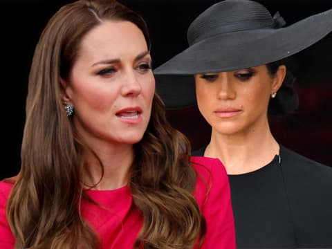 Prinzessin Kate guckt sauer, Herzogin Meghan guckt mit Hut traurig nach unten