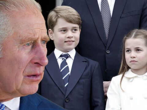 König Charles III. schaut ernst zur Seite, Prinz George und Prinzessin Charlotte 