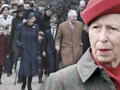 Prinzessin Anne groß, britische Royals im Hintergrund