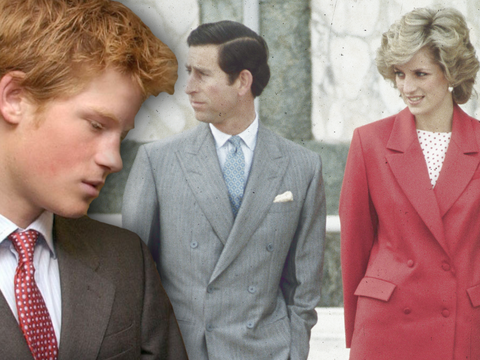 Prinz Harry als Jugendlicher - im Hintergrund seine Eltern Charles und Diana