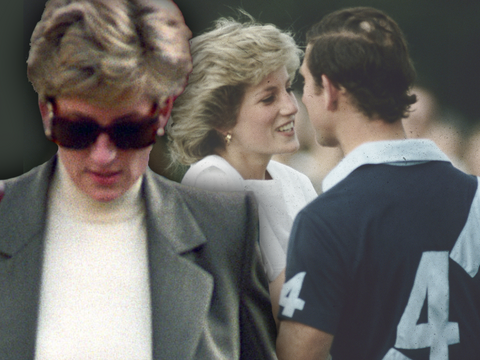 Prinzessin Diana ernst mit Sonnenbrille - im Hintergrund glücklich mit Charles