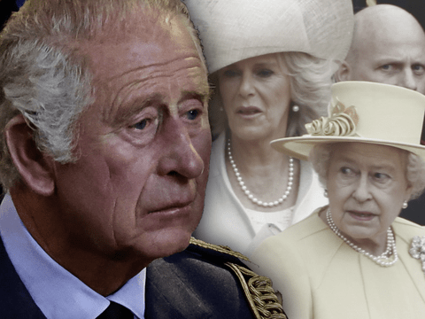Montage: König Charles III. niedergeschlagen - im Hintergrund Camilla und Queen Elizabeth II.