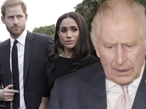 Prinz Harry und Herzogin Meghan gucken skeptisch zur Seite, König Charles guckt geschockt nach unten