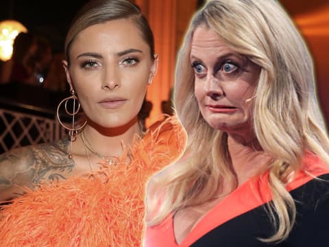 Sophia Thomalla guckt ernst in die Kamera, Barbara Schöneberger zieht eine Grimasse