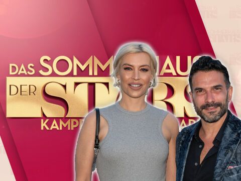 Verena Kerth und Marc Terenzi vorm "Sommerhaus der Stars"-Logo