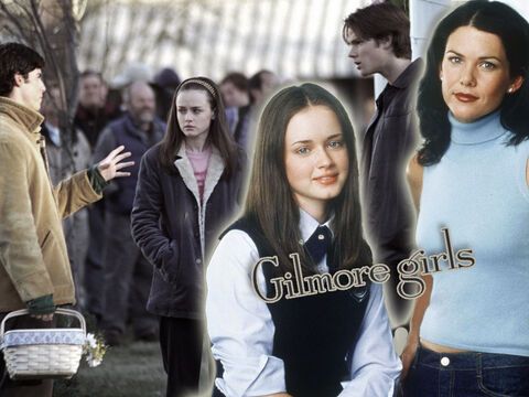 Jess, Rory, Dean und Lorelai aus "Gilmore Girls" mit Logo