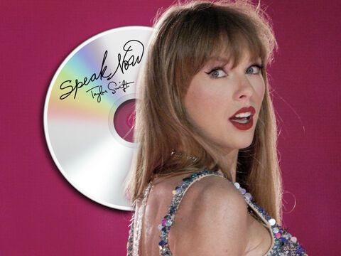 Taylor Swift sieht erschrocken über die Schulter, im Hintergrund schwebt eine CD