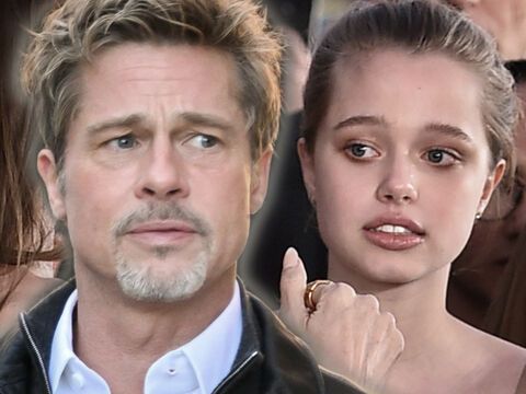 Brad Pitt und Shiloh Jolie-Pitt blicken besorgt zur Seite