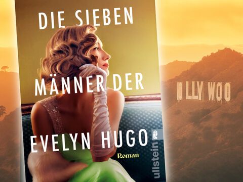 "Die sieben Männer der Evelyn Hugo"-Cover vor Hollywood-Zeichen