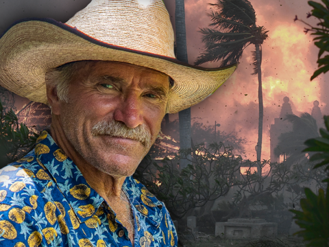 Montage: Konny Reimann mit Hut - im Hintergrund Brände auf Hawaii