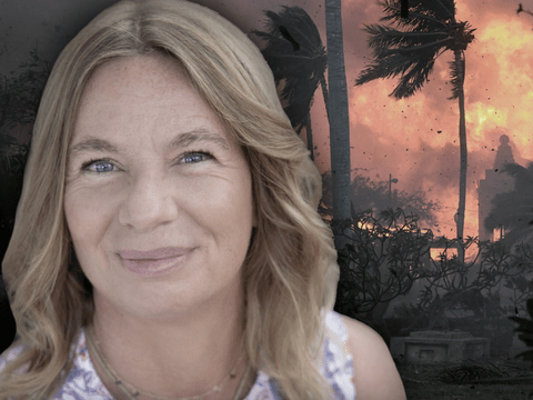 Montage: Manuela Reimann - im Hintergrund Feuer auf Maui (Hawaii)