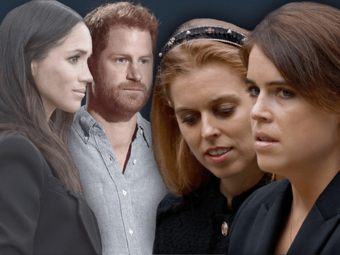 Montage: Prinzessin Eugenie, Prinzessin Beatrice schauen traurig - im Hintergrund Prinz Harry und Herzogin Meghan ernst