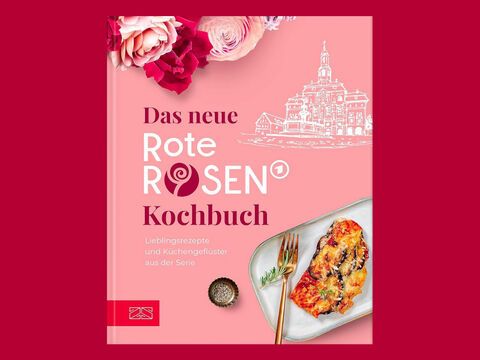 Buchcover "Das neue Rote Rosen Kochbuch" auf rotem Hintergrund