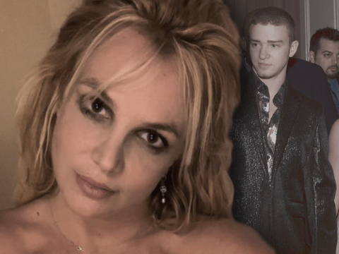 Britney Spears oben ohne und im Hintergrund mit Justin Timberlake