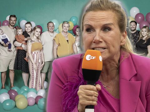 Andrea Kiewel spricht angespannt ins ZDF-Mikrofon, im Hintergrund ein Bild der Wollnys