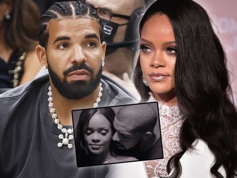 Drake und Rihanna sehen ernst aus, in der Mitte ein Bild von ihnen