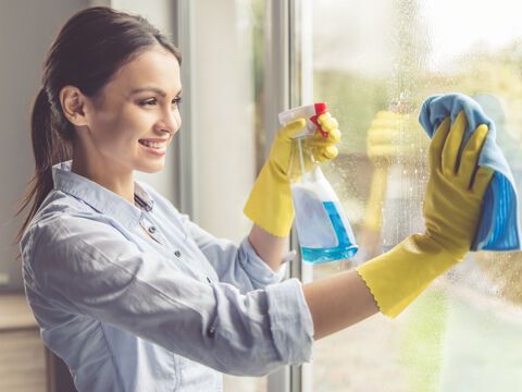 Frau putzt Fenster mit Lappen und Sprühflasche