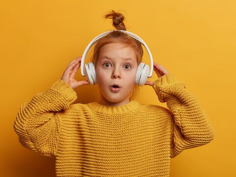 Mädchen hört mit Kopfhörern Tonie-Box
