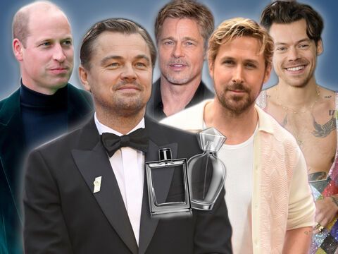 Prinz William, Leonardo DiCaprio, Brad Pitt, Ryan Gosling und Harry Styles lächeln, vor ihnen schweben zwei Parfümflaschen