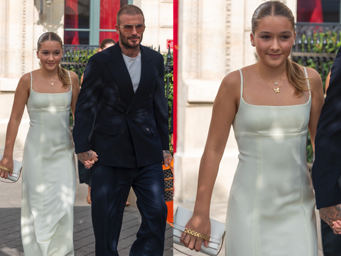 David Beckham mit Tochter Harper Beckham, die ein weißes, schulterfreies Kleid trägt 