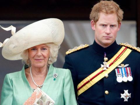 Königin Camilla und Prinz Harry stehen mit ernsten Gesichtern nebeneinander