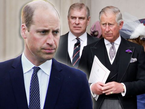 Prinz William sieht sauer aus, König Charles sieht verzweifelt aus, Prinz Andrew steht zwischen ihnen