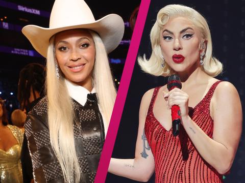 Beyoncé mit Cowboy-Hut und Lady Gaga mit Mikrofon in der Hand