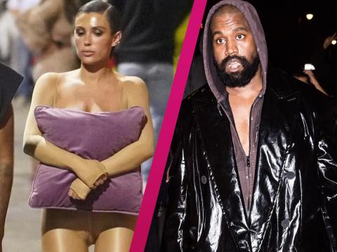 Bianca Censori läuft halbnackt mit einem Kissen durch die Gegend, Kanye West sieht aufbrausend aus