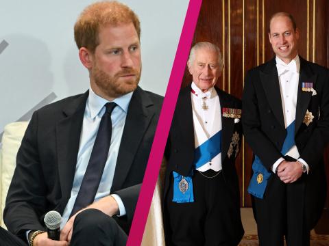 Prinz Harry sieht nachdenklich zur Seite, König Charles und Prinz William lächeln stolz