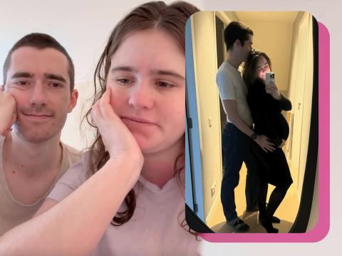 Claudia & Robert von "FreiheitimGepäck" sehen traurig aus, daneben ein Spiegel-Selfie mit Babybauch