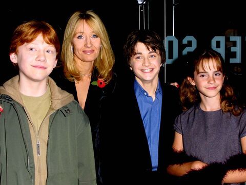 J.K. Rowling mit Rupert Grint, Daniel Radcliffe und Emma Watson