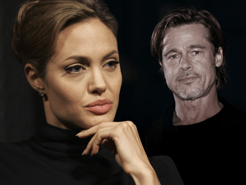 Collage aus Angelina Jolie und Brad Pitt mit ernsten Blicken