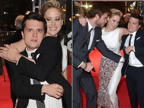 Jennifer Lawrence, Josh Hutcherson und Liam Hemsworth albern auf dem Red Carpet herum