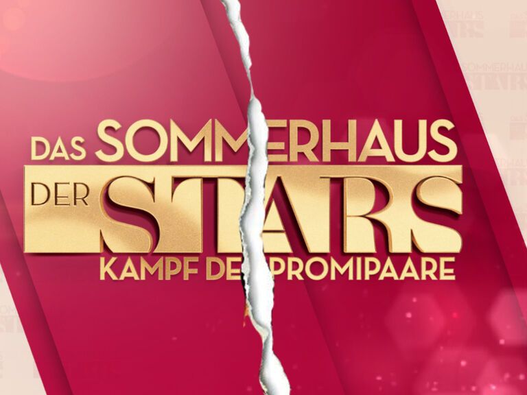 Das "Sommerhaus der Stars"-Logo in gold vor rotem Hintergrund mit einem Riss in der Mitte.