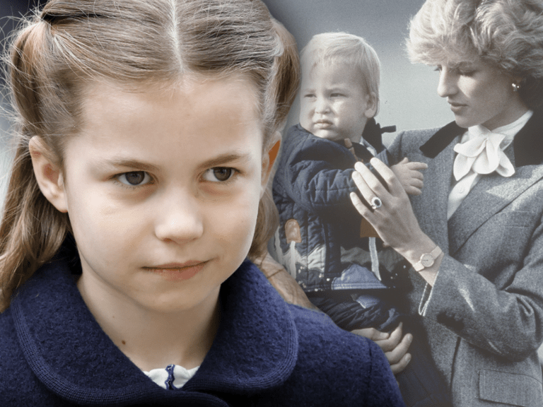 Prinzessin Charlotte - im Hintergrund Prinz William als Kleinkind mit Prinzessin Diana, die ihn auf dem Arm trägt
