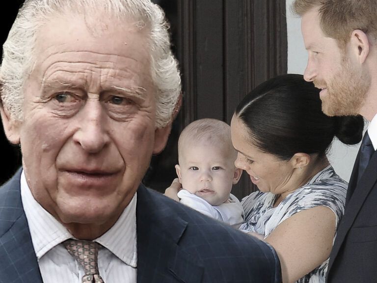 König Charles guckt skeptisch zur Seite, Prinz Harry und Herzogin Meghan gucken Archie an