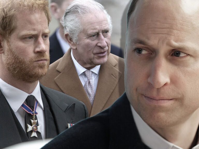 Prinz Harry guckt traurig, König Charles III. guckt wütend zur Seite, Prinz William ernst